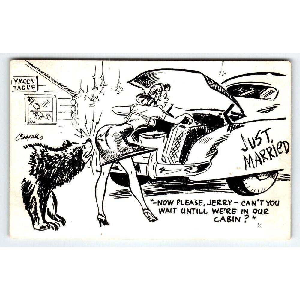 Sexy Women Bear Just Married Postcard Comical Adult Humor Laff Card Vintage